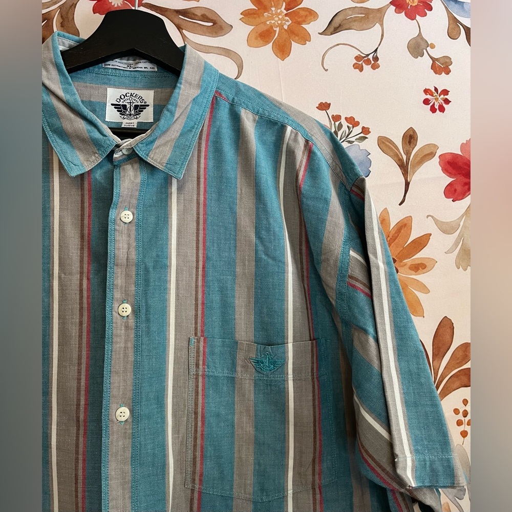 Vintage Dockers Mens XL Shirt 100% Cotton Teal Grey Striped Button Down Spring